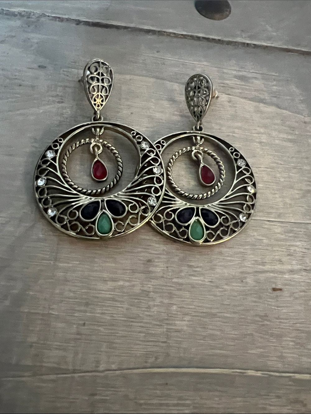 Gold-Tone Filigree Hoop Earrings with Red, Blue, and Green Stones - Picture 6 of 7